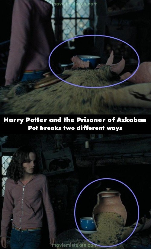 Chiếc bình bị Hermione ném đá lại bị bể không giống nhau giữa các cảnh quay